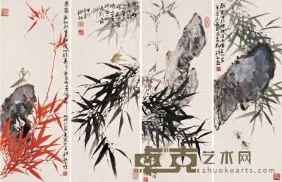 韩敏 甲申（2004）年作 竹石草虫（四幅） 镜心 66×26cm×4